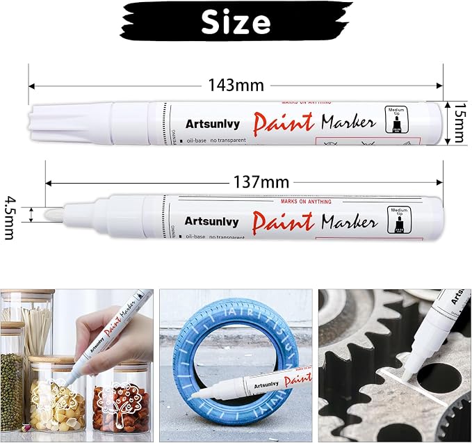 Artsunlvy White Paint Pens marking pens Permanent Markers - 2 Pack Oil Based Waterproof Markers for Tire, Rubber,Wood, Rocks, Metal, Canvas,Plastic, Dark Surface,Craft office Supplies,Medium Point
