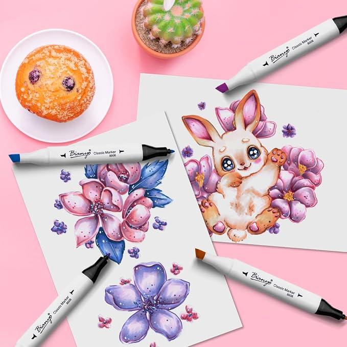 Bianyo 36 Pastel Colors Alcohol Markers Set, Dual Tip Fine & Chisel Markers with Grey Carry Case for Coloring, Blending, Sketching, Drawing & Highlighting