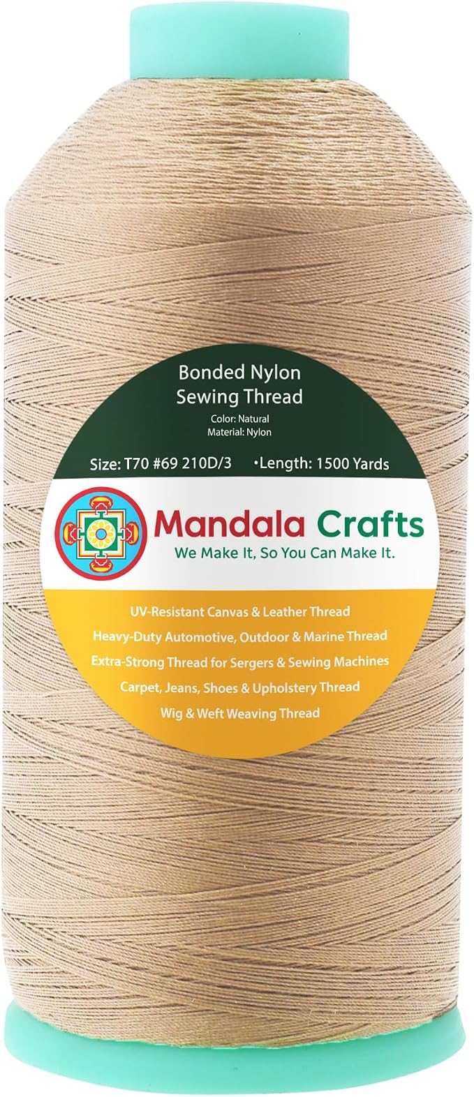 Mandala Crafts Size 69 210D T70 Natural Bonded Nylon Thread, 1500 YDs