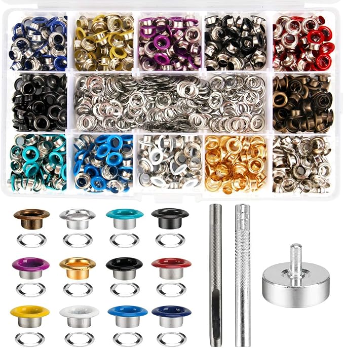 Metal Eyelets, 600Pcs 12 Colors 3/16 inch Metal Grommets Kit, Multi-Color Grommets Kit, Metal Eyelets Set with 3 Pieces Installation Tool and Storage Box for DIY Shoes Clothes Crafts Bag