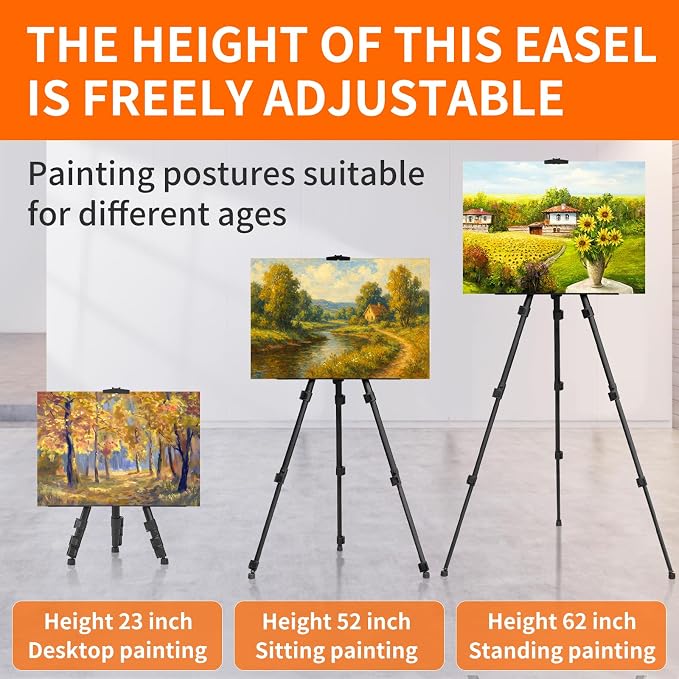 JEAWIWI 1 Pcs Adjustable Easel Stand, from 17 to 66 inches, Black | Poster Holder Stand, with Portable Bag, Travel Canvas Holder, Adjustable Height for Sign, Painting, Display