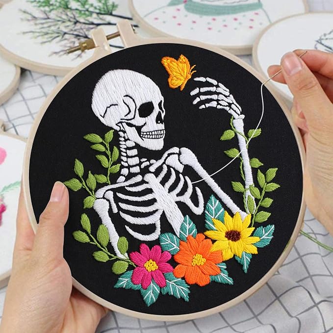 Louise Maelys 3 Pack Embroidery Kit for Beginners Floral Halloween DIY | Complete Set for Halloween Skeleton Crafts. Cross Stitch Kits with Floral Designs and Needlepoint Kit For DIY Projects