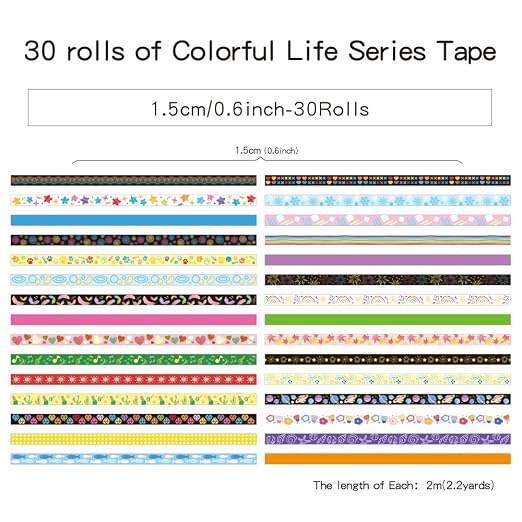 icceemee 30 Rolls Colorful Theme Washi Tape Set with Different Colorful Patterns, Writable Decorative Tapes for Scrapbooking, Junk Journal Supplies, Bullet Journaling, 0.6'' x 79'' per Roll