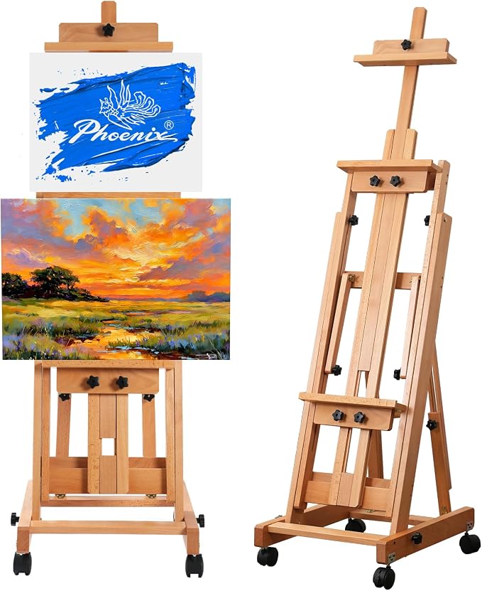 PHOENIX Versatile Studio H-Frame Easel Solid Beech Wood Artist Stand with Locking Caster Wheels- Adjustable Angle & Height – Heavy Duty Large Canvas Holder with Storage Tray for Professional Artists