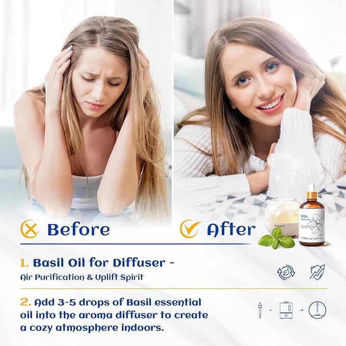 HIQILI Basil Essential Oil for Aromatherapy Diffuser, Hair Care