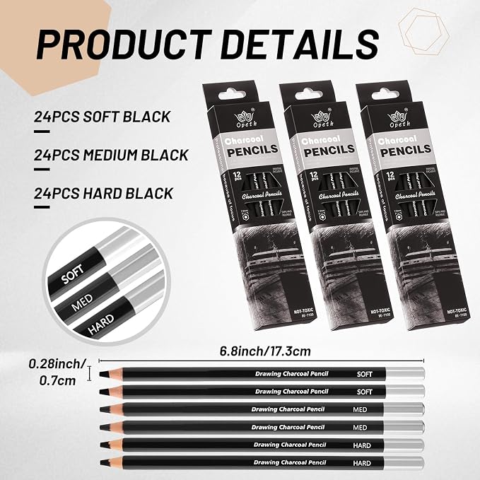 Geyoga 72 Pcs Professional Charcoal Pencils Bulk Soft Medium Hard for Drawing Charcoal Pencils for Art Painting Sketching Shading Drawing Blending Portrait Artists Students Christmas Stocking Gifts