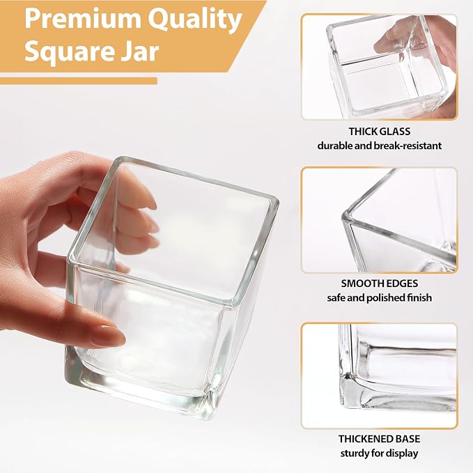 CONNOO 12 Pack 9oz & 3oz Clear Glass Square Candle Jars with Bamboo Lids