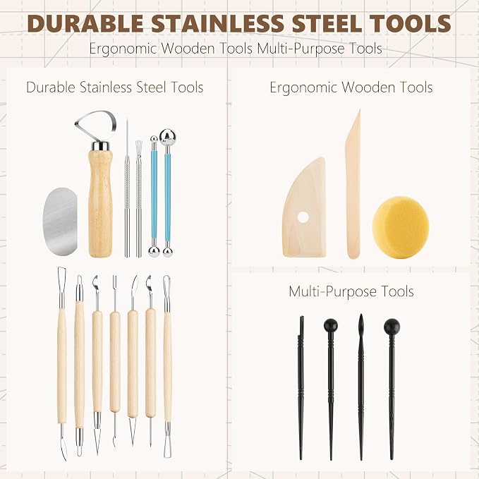 23PCS Clay Tools Sculpting, Ceramic & Pottery Modeling Tool, Ceramics Tools Set, Polymer Tools Kit, Air Dry Clay Tools for Carving, Molding, Pottery Wheel, Crafting Supplies, Pros, Beginners, Adults