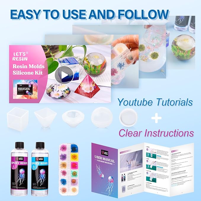 LET'S RESIN 16oz Epoxy Resin Kits and Molds Complete Set for Beginners | Resin Art Kit With Silicone Molds, Pigment, Dried Flowers, for Adults, Art Supplies for DIY Lovers, DIY Gift for Women