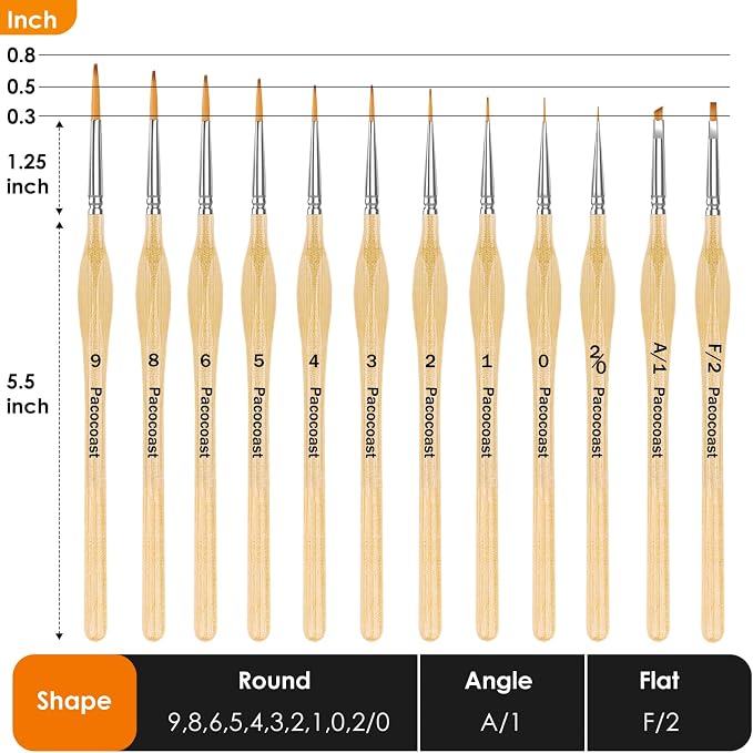 12Pcs Detail Paint Brushes Set for Miniature Fine Art Painting | Triangular handles for acrylic, oil & watercolor. Ideal for crafts, models, figurines, face paint & paint-by-number, Wood