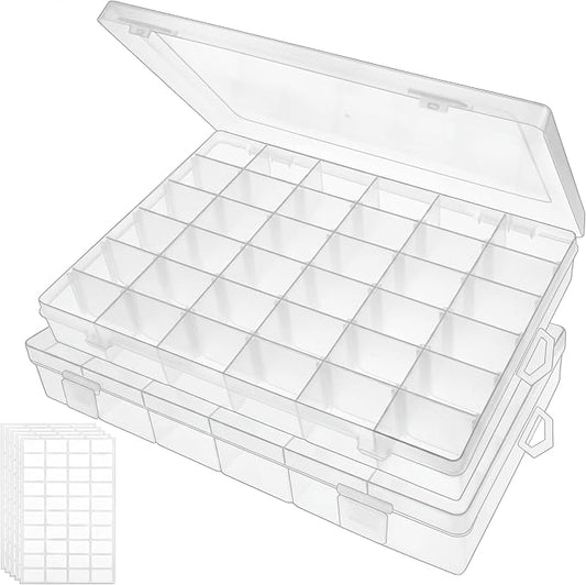 Bead Organizer Storage 2 Pack 36 Grid Jewelry Tackle Craft Box Adjustable | Clear Plastic, Adjustable Dividers, Label Stickers Included, for Beads Jewelry Crafts Fishing Tackle and Small Parts