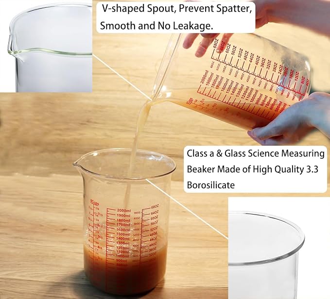 High Borosilicate Glass Measuring Cup-V-Shaped Spout，Glass Measuring Beaker for Kitchen or Restaurant, Easy to Read, 2000 ML (64 Oz, 8Cup)