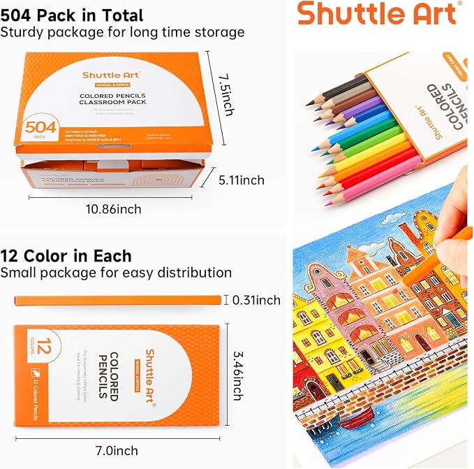 Shuttle Art 504 Colored Pencils Bulk, 12 Vibrant Colors, Pack of 42, Pre-sharpened Coloring Pencils, Wood Colored Pencil for Kids Teachers, Classroom Essentials, Back to School Supplies