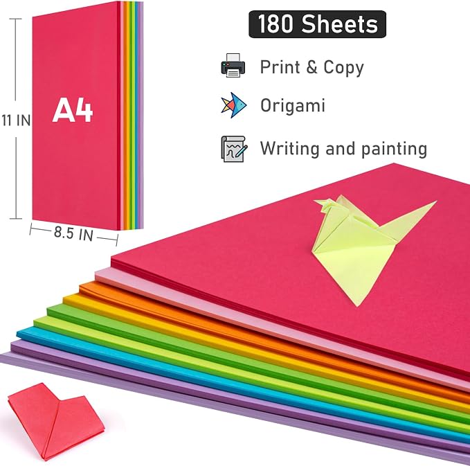 Colored Copy&Print Paper 8.5X11 Inches,180 Sheets 9 Colors Rainbow A4 Printer Paper 20 lb/90GSM Colored Origami Paper for Cutting DIY Art Craft