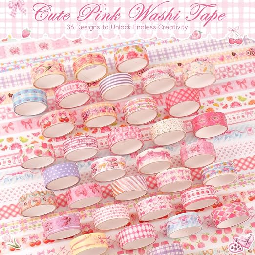 icceemee 36 Rolls Sweet Pink Theme Washi Tape Set with Different Colorful Patterns, Writable Decorative Tapes for Scrapbooking, Junk Journal Supplies, Bullet Journaling, 0.39'' x 79'' per Roll