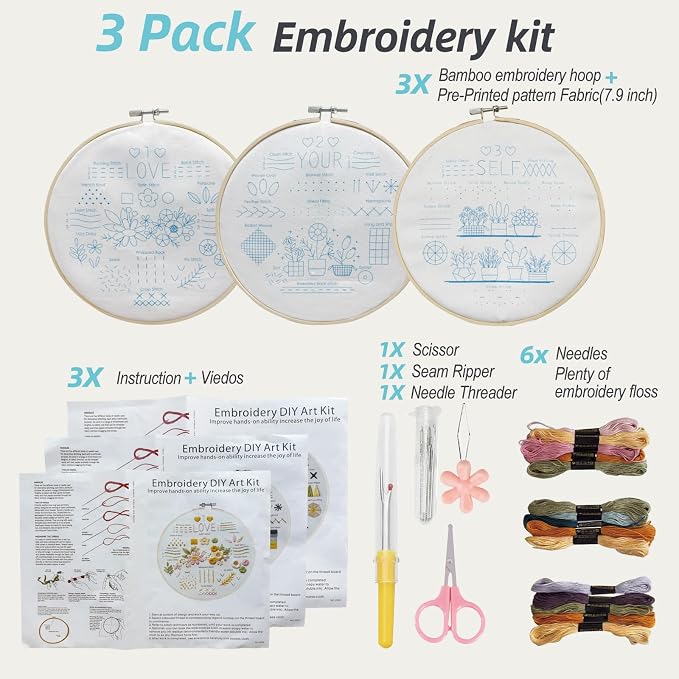 Embroidery Kit for Beginners,Learn 37 Stitches with Instructions & Video | Beginner-friendly step-by-step video tutorials included/Water-soluble ink/beginner embroidery kit/complete embroidery set