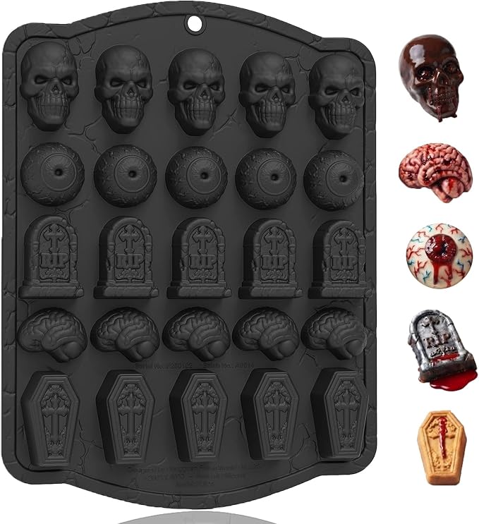 HKNMTT Skull Candy Chocolate Cake Pan 5-Shapes Halloween Silicone Mold | Skull Eyeball Tombstone Coffin Brain Mold 25-Cavity for Candy Gummy Chololate Jello Ice Cubes Muffin Non-Stick Food Grade