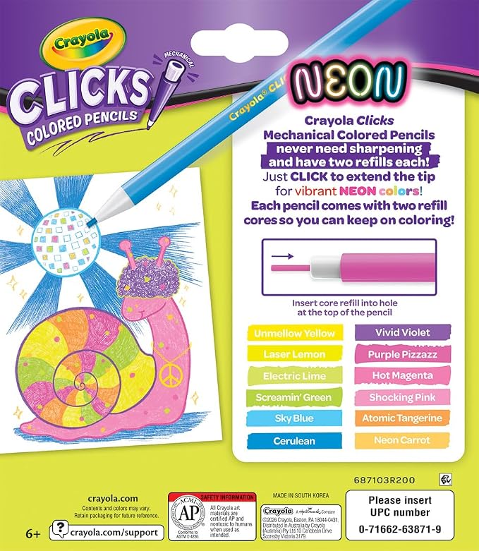Crayola Clicks 2.0mm Mechanical Colored Pencil Set, 12 Neon Colors, Coloring Pencils for Kids, No Sharpen, 24 Replacement Cores, Ages 5+