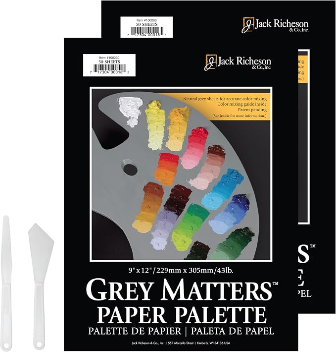 Jack Richeson Grey Matters Disposable Paper Palette 9” x12”, 2 Pack, Includes 2 Palette Knives