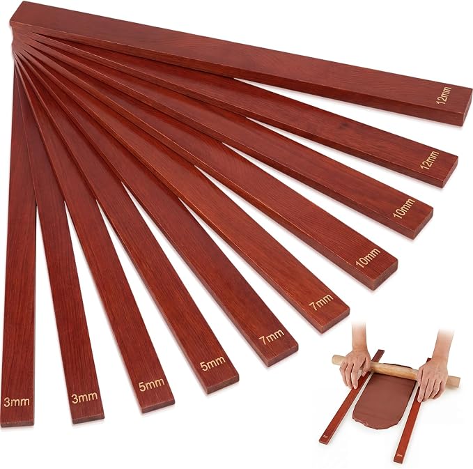 Sasylvia 10 Pcs Clay Pottery Rolling Pin Guides,5 Size,Reddish Brown | Wooden, Teaching Rolling Mud Stick Guide, Polymer Clay Depth Thickness Guide, Pottery Mudboard Tool