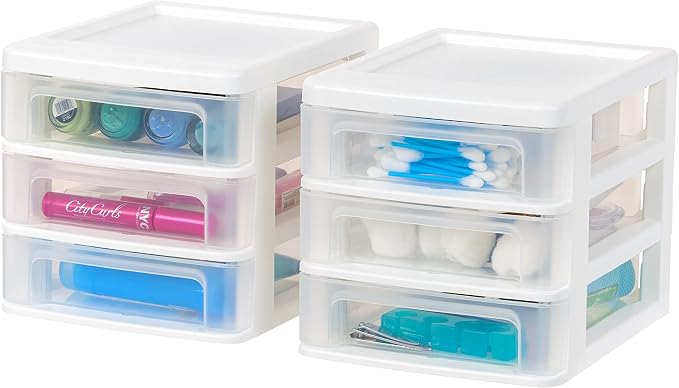 IRIS USA 2-Pack, 3-Drawer Small Plastic Stacking Desktop Organizer, White