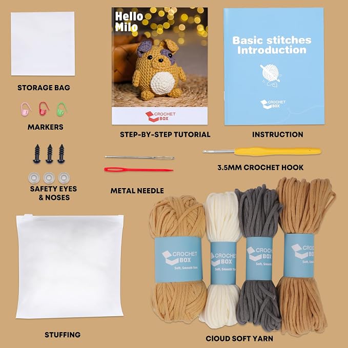CrochetBox Crochet Kit for Beginners Adults - Pug Starters Crochet Kit, Beginners Crocheting Kitting for Adults Teen, Craft Gifts with Crochets Yarns, Hook, Step-by-Step Video, Instruction