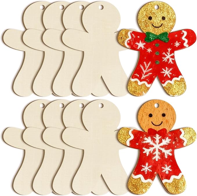 Large Size 7 inch Wooden Christmas Gingerbread Man Ornaments to Paint 10PCS, DIY Blank Cutouts Unfinished Wood Ornament for Home Crafts Hanging Christmas Decorations Winter