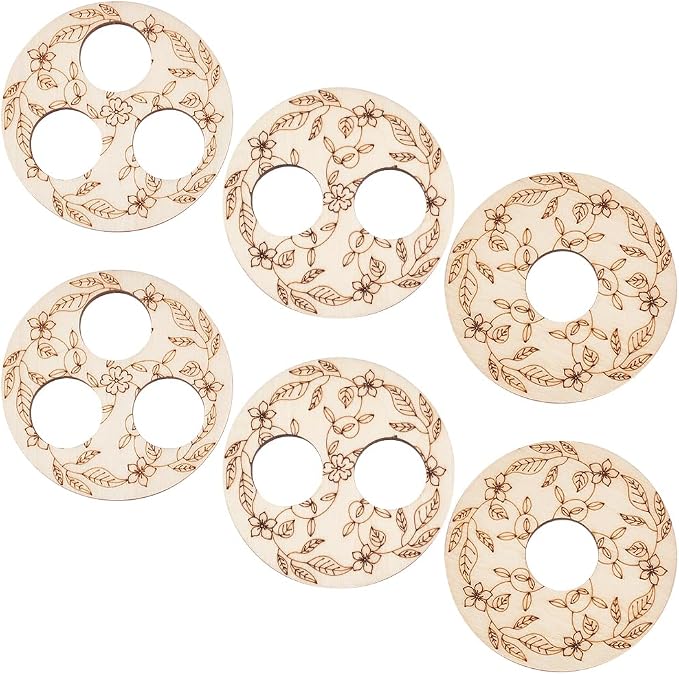 BENECREAT 6 Pcs 3 Styles Wooden Wick Centering Tool, 2.95 Inch Engraved Patterned Wick Holder, 1-Hole 2-Hole 3-Hole Candle Wick Stabilizer for Candle Making DIY