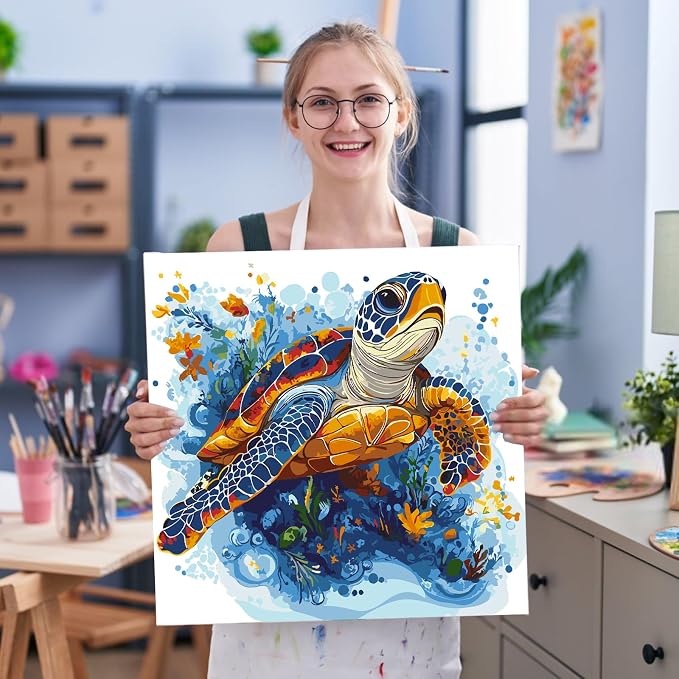 Fountor Sea Turtle Paint by Numbers Kit for Adults Beginner, Sea Turtle Adult Paint by Number Kits on Canvas Without Frame, Oil Painting by Numbers for Home Decor Gift 16” W x 16”L