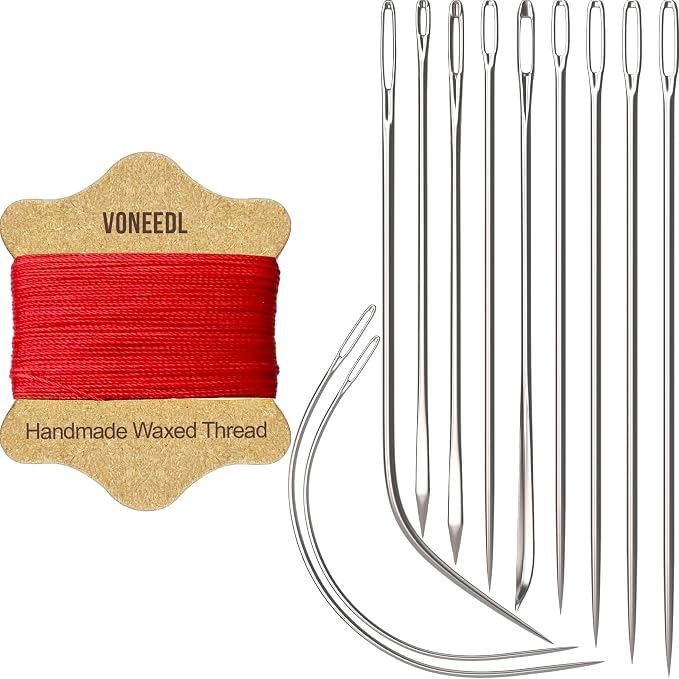 VONEEDL Upholstery Repair Kit: Waxed Sewing Thread (Red Color) & Heavy Duty Needles (11 PCS) for Leather, Canvas & Quilting Thread