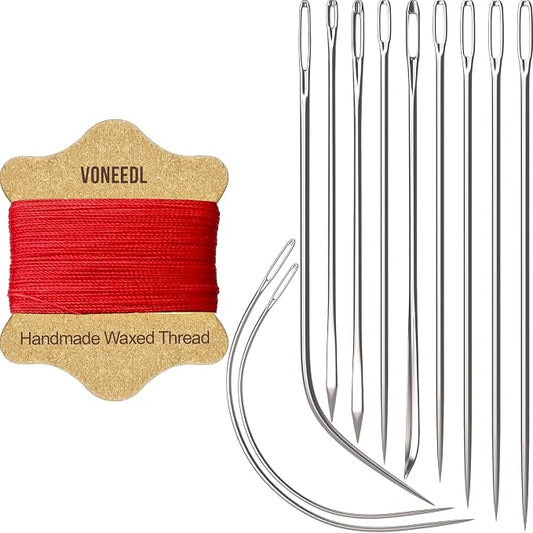 VONEEDL Upholstery Repair Kit: Waxed Sewing Thread (Red Color) & Heavy Duty Needles (11 PCS) for Leather, Canvas & Quilting Thread