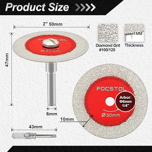 Mini Diamond Glass Cutting Disc - FOCSTOL 5pcs 2 Inch(50mm) Blade and 1pc 1/4 Inch(6mm) Round Shank for Glass Jade Marble Granite Artificial Stone Porcelain Tile Ceramic