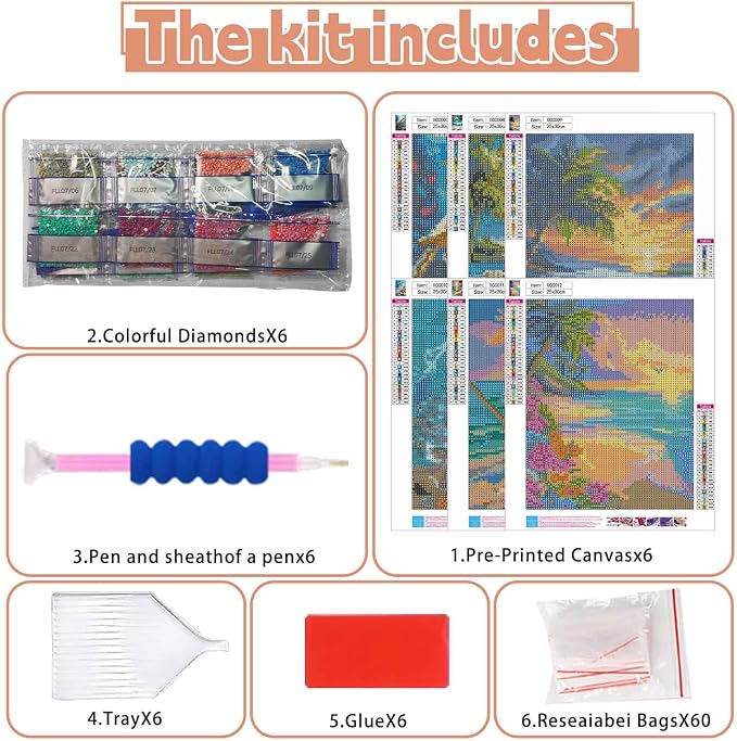 Ycydilirab 6 Pack Diamond Art Kits for Adults,Sea Turtle 5D Diamond Painting Kits for Adults,Seaside Scenery DIY Gem Painting Perfect for Gifts and Home Wall Decor 10x12inch