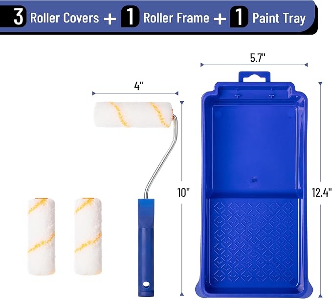Bates- Paint Tray Set, Paint Roller Kit, 5 pcs, 4 Inch Blue Tray & Frame, Small Paint Roller Set for House Painting Supplies
