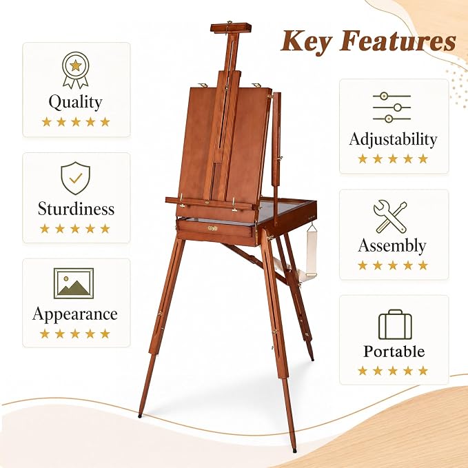 DJAR French Easel with Shoulder Strap, Adjustable Beech Wood Art Easel with Drawer, Palette, Level Instrument & Scale Leg, Studio Tabletop Floor Easel for Artists, Hold Canvas up to 34", Walnut