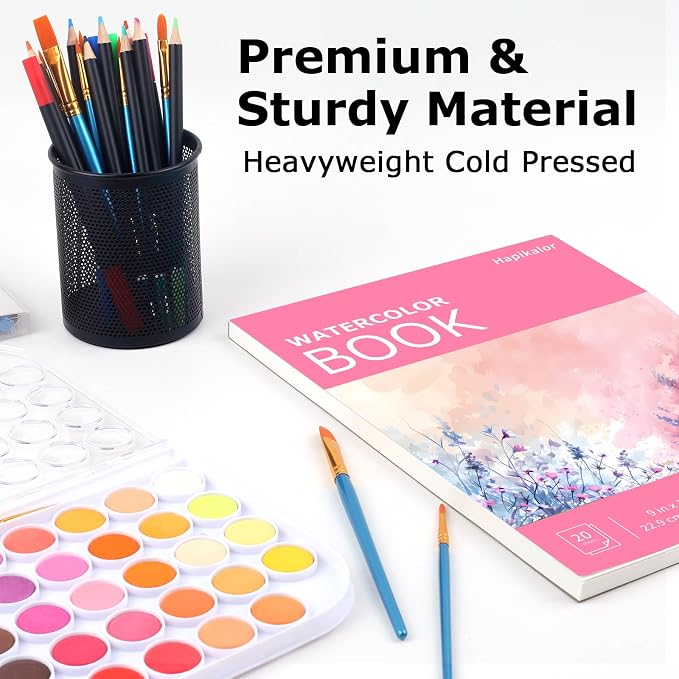 Hapikalor Watercolor Paper Pad, 9"x12" Water Color Paper, 140lb/300gsm Pink | Artist Painting Drawing Paper Book, Art Supplies for Adults Kids, Watercolors, Watercolor Paint Set, Sketchbook, Journal