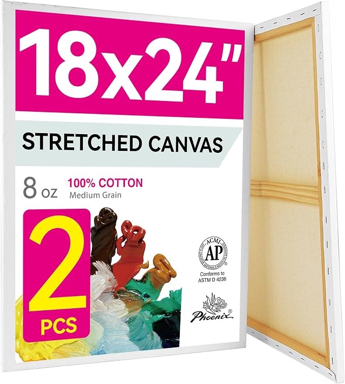 PHOENIX 18x24 Inch Pack of 2 Canvas - Large Stretched Canvases for Painting, 8 Oz Triple Primed 5/8 Inch Profile 100% Cotton White Blank Framed Canvas for Oil Acrylic & Pouring Art
