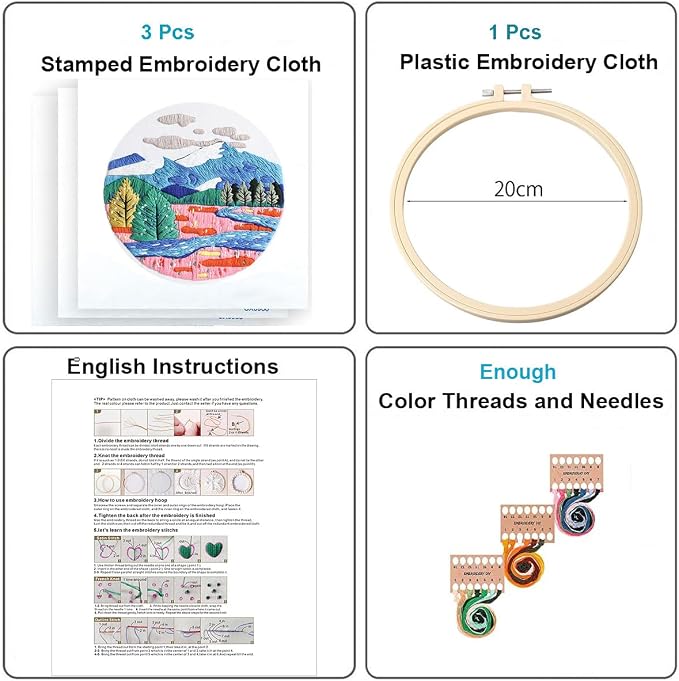 Konrisa 3 Pcs Landscape Embroidery Kits, Mountain Flower Village Pattern Cross Stitch Kit, DIY Sewing Practice Kits for Adults Home Decoration,Include Embroidery Cloth Threads and Needles,1pc Hoops