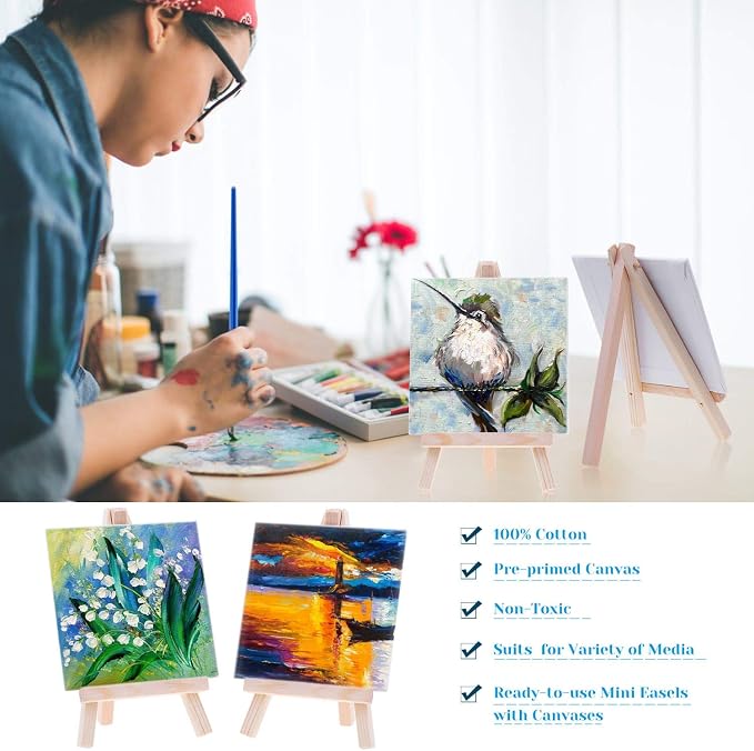 Mini Canvas and Easel, Cridoz 47 Pieces Small Canvas Painting Set Includes Mini Easel, Acrylic Paint, Paintbrushes and Palette for Artists Art Party Sip and Paint Night