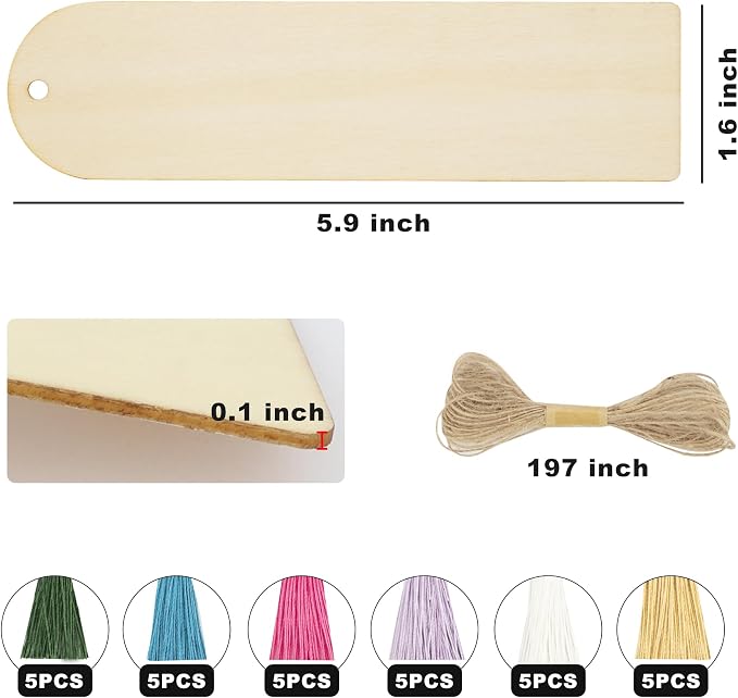 SWATOM Wood Bookmarks Blank DIY Semicircle Wooden Bookmark Craft Bulk 30 PCS Unfinished Wood Tags Ornaments with Holes and Tassels for Wedding Party Birthday Decoration
