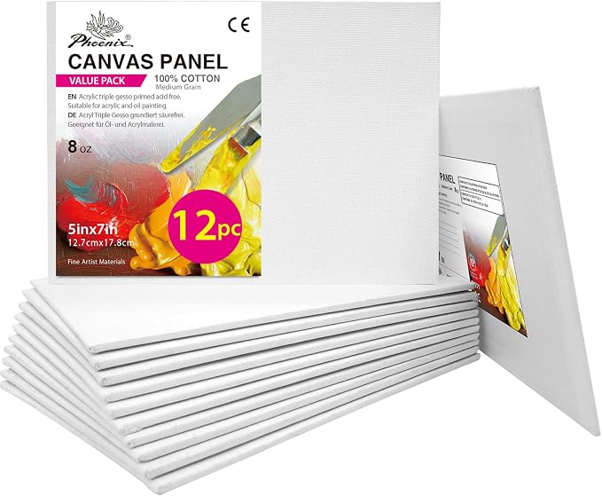PHOENIX Small Painting Canvas Panels 5x7 Inch, 12 Value Pack - 8 Oz Triple Primed 100% Cotton Acid Free Canvas Boards for Painting, White Blank Flat Canvas Boards for Acrylic, Oil Paints