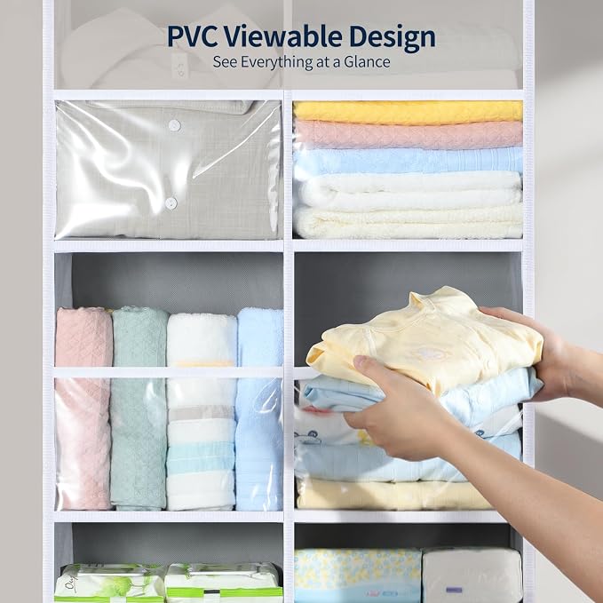 Yecaye 80lb Clear Door Hanging Yarn Storage Organizer, 10 Large Plastic Pockets & 10 Mesh Pockets Over the Door Crochet Organizer, 5 Tier Yarn Ball Storage for Knitting Needles, Gray