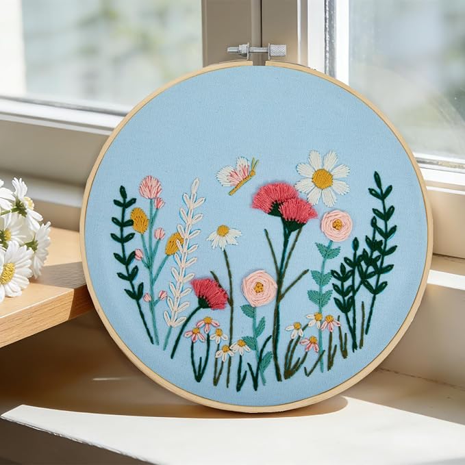 Flower Embroidery Kits for Beginners Adults, Hand DIY Embroidery Art Kits, Floral Stamped Cross Stitch Kits for Beginner Adults Craft Kits for Women, Entire Set of Embroidery Supplies & Video Tutorial
