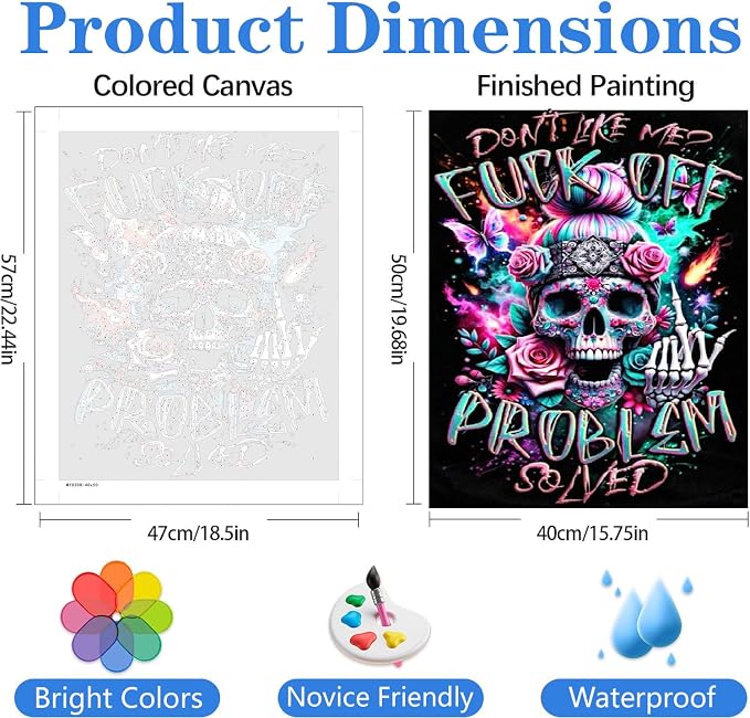 mrpwnle Paint by Numbers Kit for Adults Easy Skull Paint by Numbers Kits | Don't Like Me Skull Paint by Numbers Kit for Adults, DIY Painting by Numbers for Adults Beginners Wall Decor Gifts 12x16 Inch