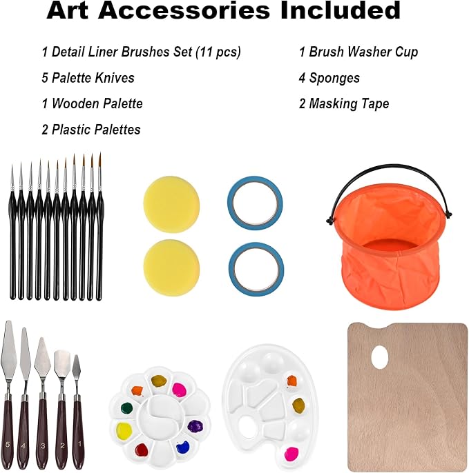 Goldge 140-Piece All-in-One Painting Kit with Tabletop Wood Easel Box | 72-Color Acrylic Watercolor Oil Paint Set, Canvases, 41 Paintbrushes & Art Supplies for Adults, Artists & Beginners