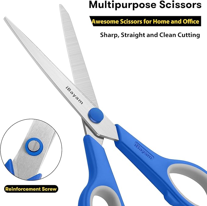 iBayam 8.5" Household Scissors All Purpose 3 Pack, Red Black Blue Scissors | Ultra Sharp 2.5mm Thick Blade Shears Comfort-Grip for Office Desk Sewing Fabric Home Craft School Supplies, Right/Left Handed
