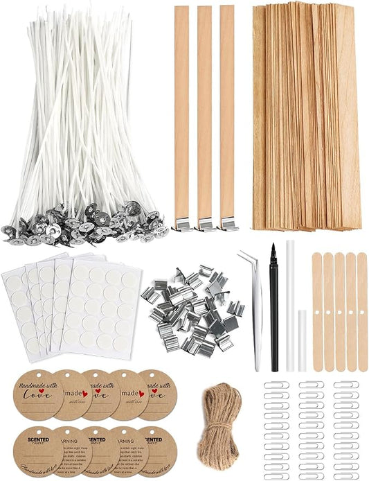 130 Pcs Candle Wicks for Candle Making Kit: 100 Cotton & 30 Wood Wicks with Complete Tool Set (Wick Holders, Wick Stickers, Candle Tabs, Tweezers, Pen), for Soy Beeswax DIY Candles