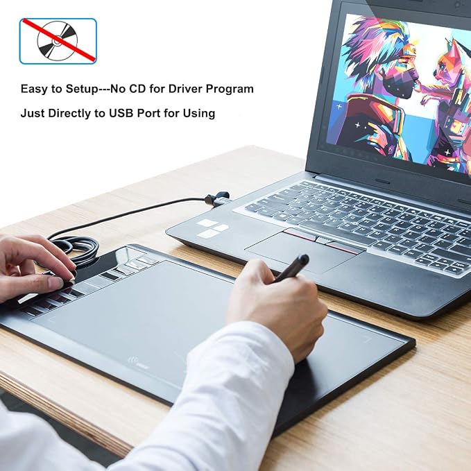 UGEE M708 Drawing Tablet, 10x6 inch Large Space for Digital Drawing | 8 Hot Keys, Passive Stylus of 16384 Levels Pressure, Digital Graphics Art Tablet, For PC Paint, Design, Art Creation Sketch