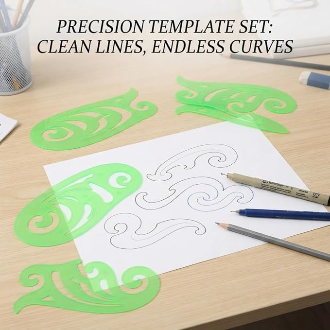 TecUnite 6 Pcs French Curve Ruler Set, Clear Green Plastic Curve Templates for Drawing, Drafting, Sewing Pattern Making, Fashion Design and Art Craft Projects