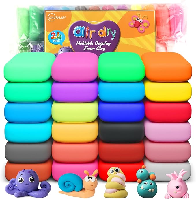 CALPALMY Air Dry Clay, 24-Pack Colors Moldable Cosplay Foam Clay for Kids Gifts Partty and School Project Supplies, Perfect for Crafts Sculpting and Artistic Projects (8.5oz/Pack)